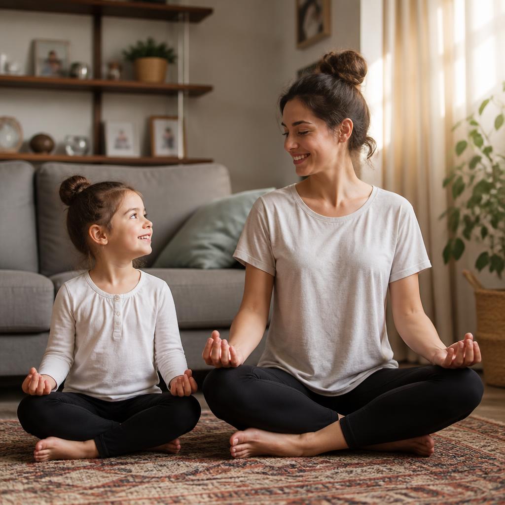 Madre e hija meditando en casa
